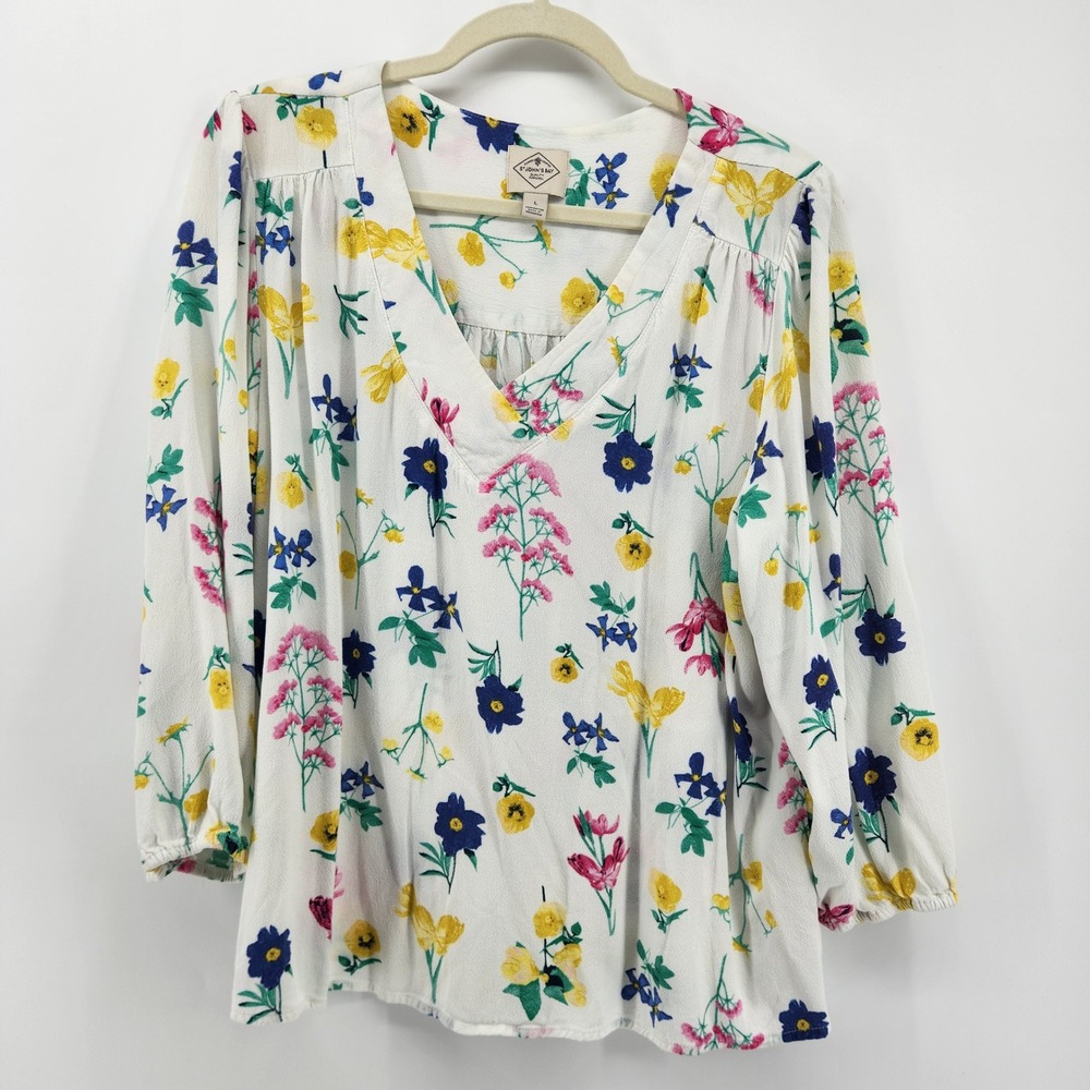 St Johns Bay Womens White Floral Print V Neck Long Sleeve Rayon Blouse Top L